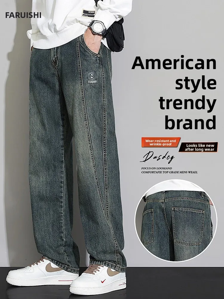 

Retro American Denim Jeans Loose Straight Leg Wide Leg Pants for Men Spring Autumn Casual Jeans Youth Fashion Cotton Polyeste...