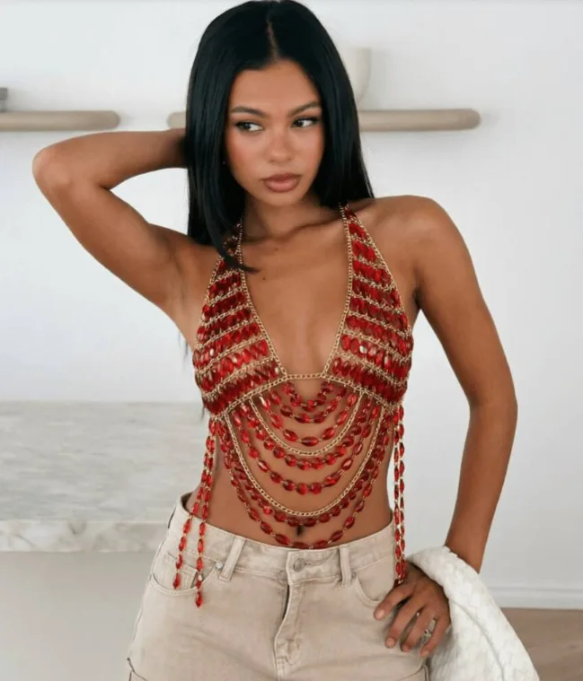 Damen-Oberteil mit roten Perlen und Quasten, Neckholder-Design, körperbetonte Kette, tiefes V-Ausschnitt, ärmelloses Crop-Top, Strass-Crop-Top, Karnevalskostüm, Club- und Konzert-Top – Detail 2