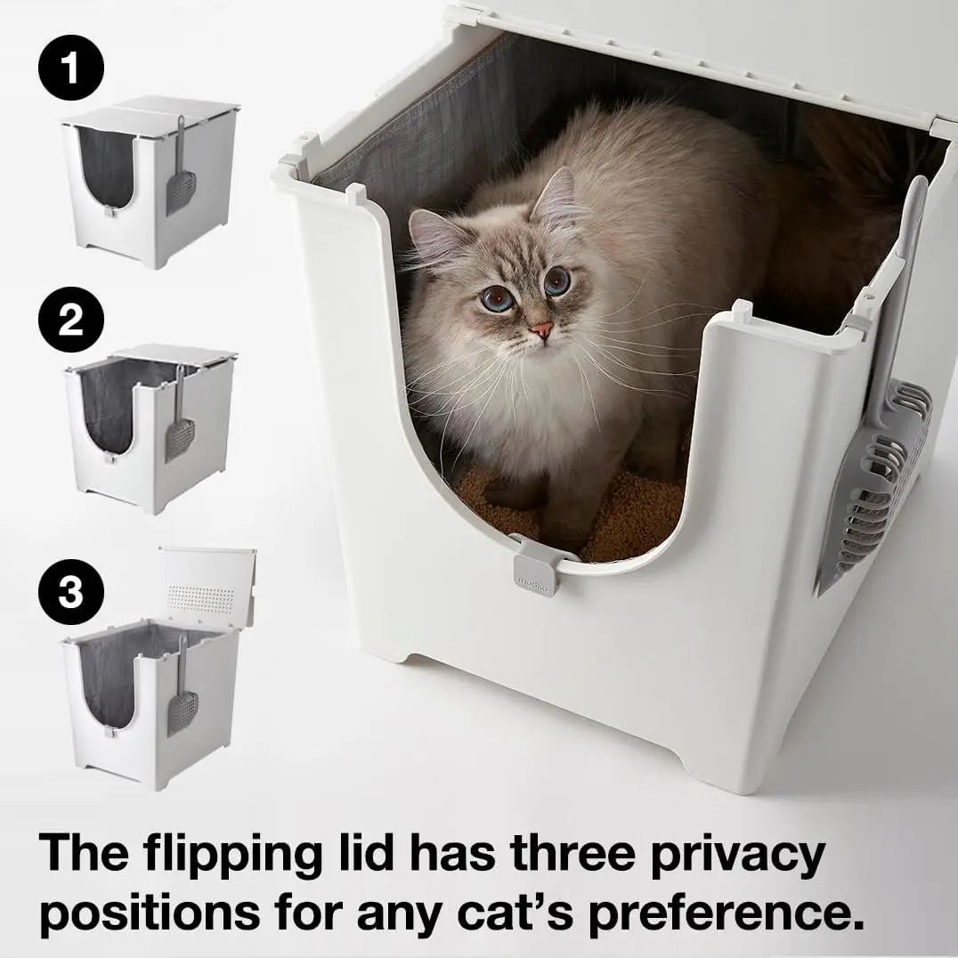 Flipped cat litter box including spoon and reusable lining - gray