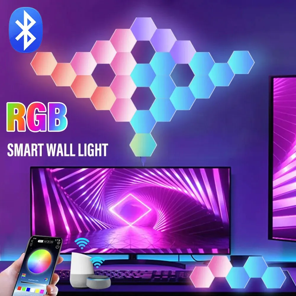 hexagonal led cor mudar night light colorido hexagonal wall light forma dyi musica ritmo app sala de jogos quarto inteligente 01