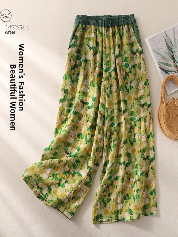 

Льняные широкие брюки с эффектом похудения, женские летние модные брюки с принтом, удобные, дышащие, свободного кроя, в корейском стиле