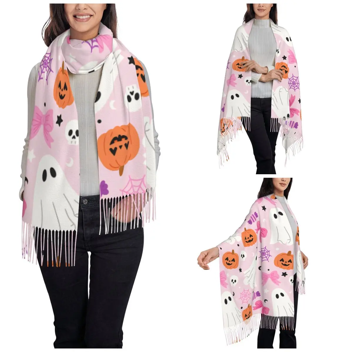 Pink Halloween Ghosts Pattern Scarf for Women Warm Winter Pashmina Shawl Wrap Single-sided Pattern Scarves with Tassel