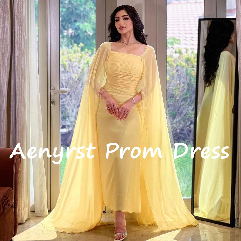 Aenyrst Gele Lange Mouwen Prom Jurken Chiffon Vierkante Kraag Saudi Arabia Avondjurken Enkellange Formele Feestjurk