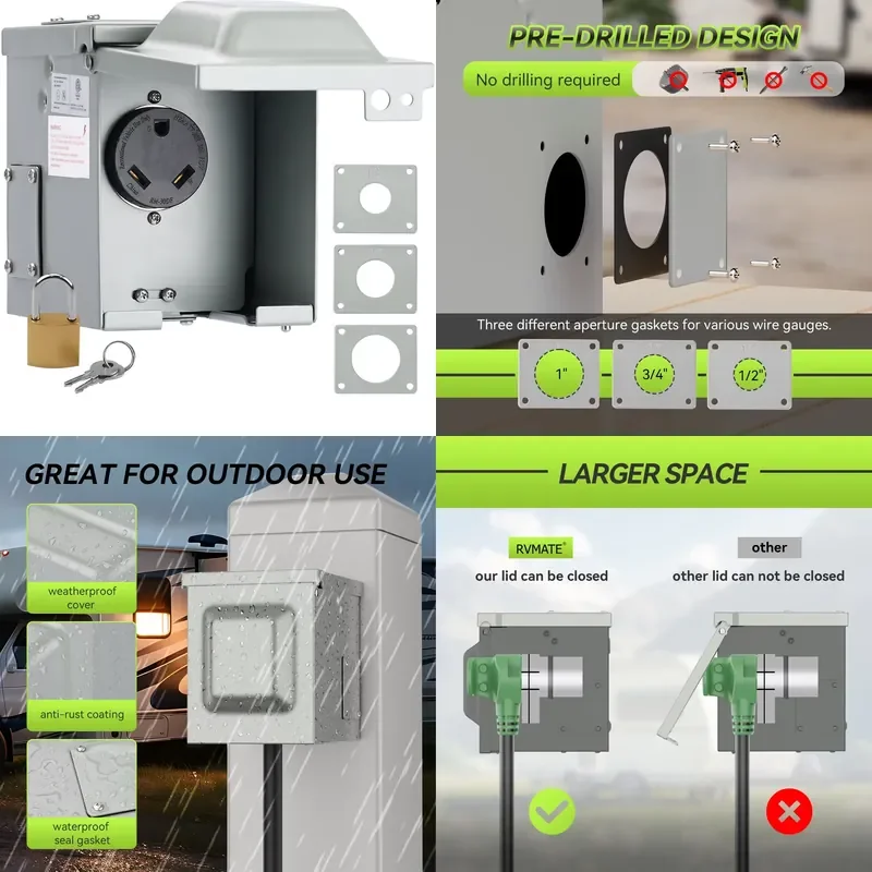 RM30DFPB-22 125V ETL Certified 30A RV Power Outlet Box with 3 Pre-Drilled Holes, Metal Construction
