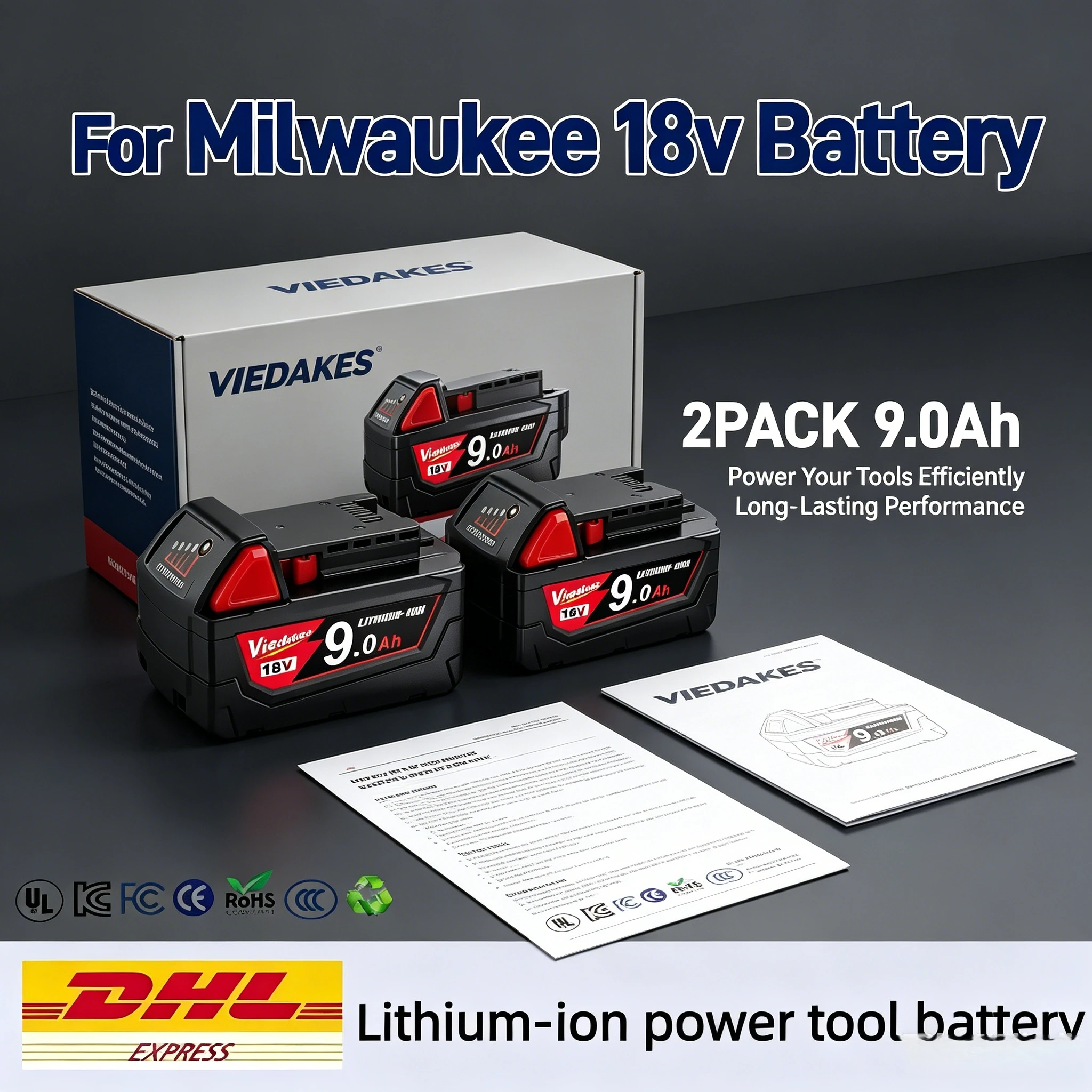 High Density 18V 9.0Ah Lithium Ion Rechargeable Battery for Milwaukee 18V Battery M18B9 48-11-1865 Replacement