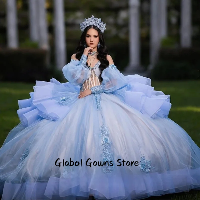

Blue Ball Gown Dress Ruffles Tiered Pleated Puff Sleeves Birthday Party Gown Vestidos de 15 Quinceanera Customized