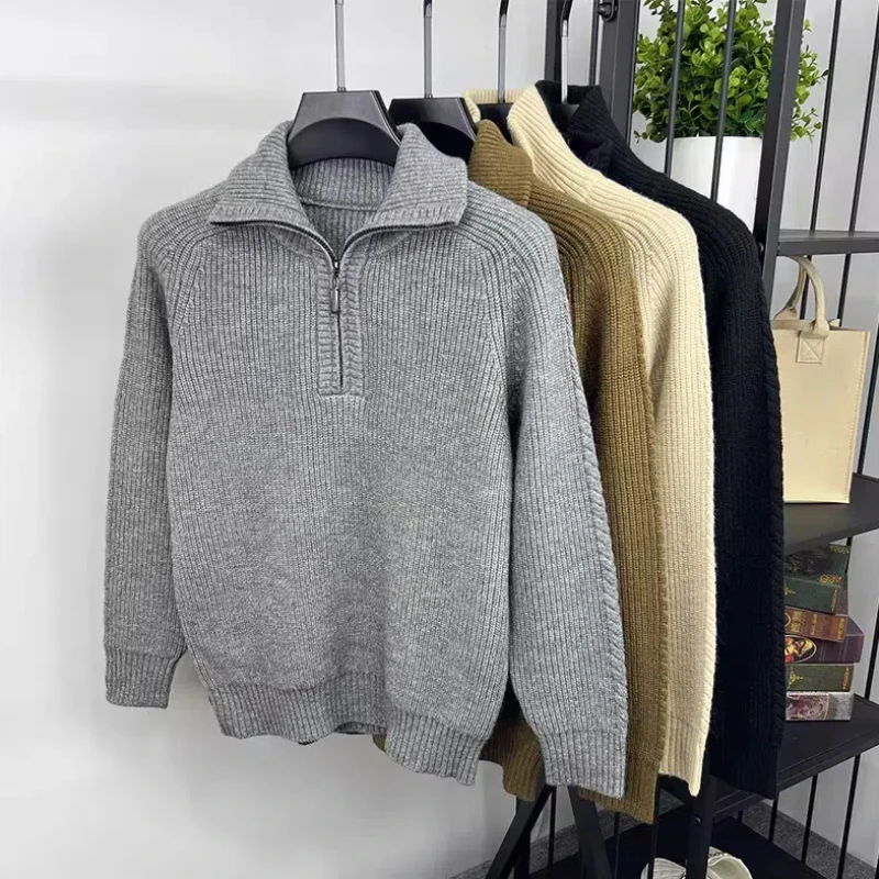 High quality luxury 2024 autumn and winter fashion new trend solid color lapel men's sweater casual warm thick  knit  pullover