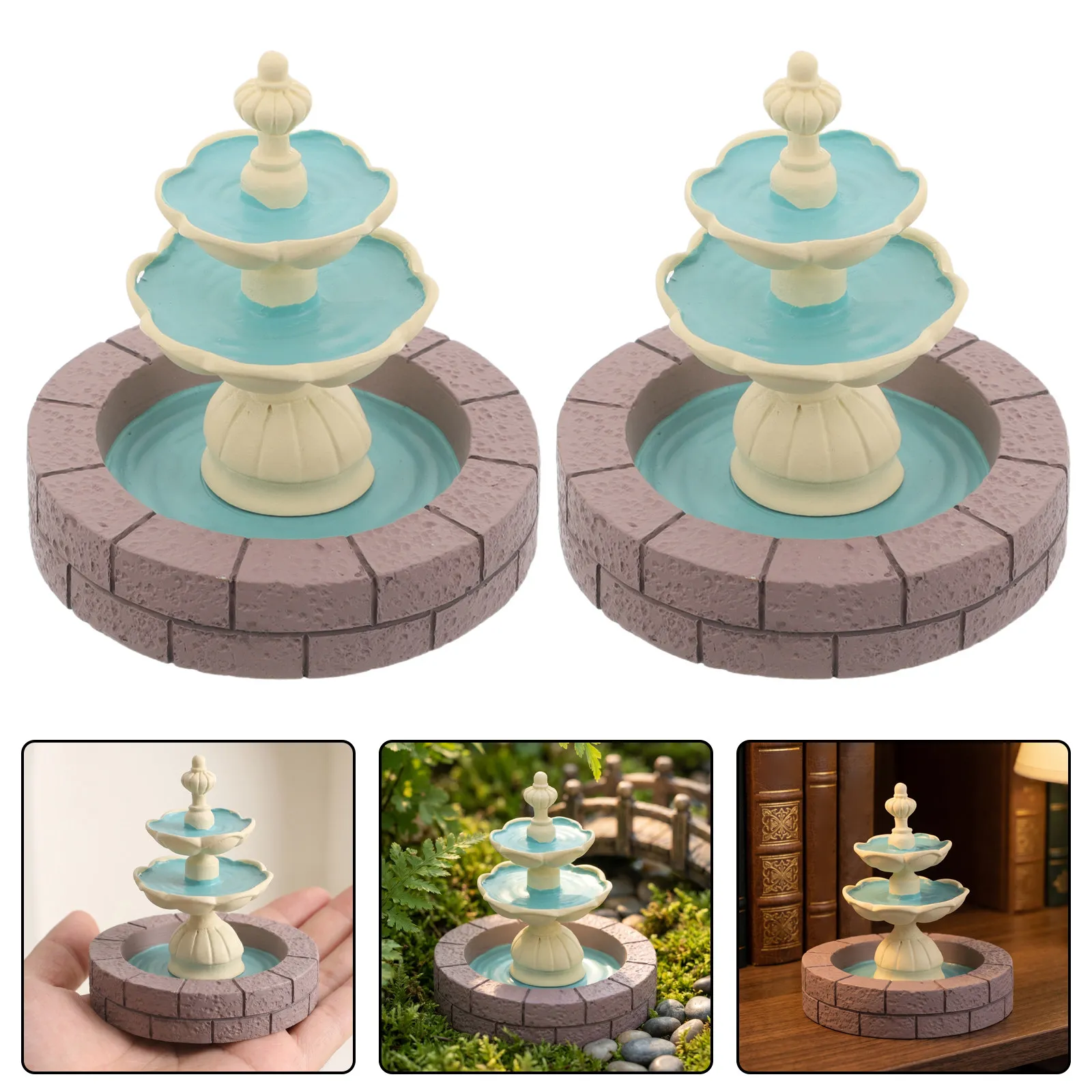 2Pcs Mini Resin Fountain Tabletop Waterfall Ornament Silent Micro Garden Decor for Fairy Bonsai Landscape DIY Diorama
