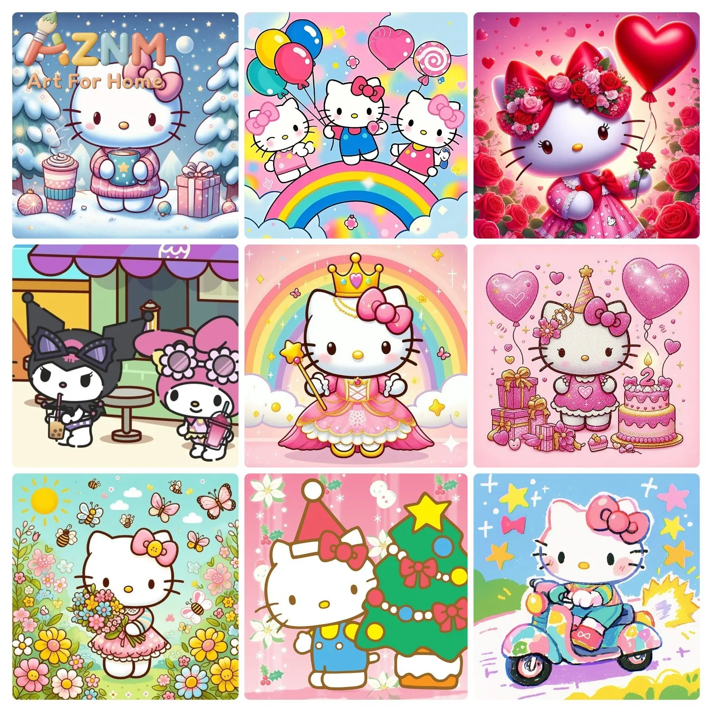 Cute Sanrio Hello Kitty Wall Poster,Holiday Birthday Princess Rainbow Canvas Print,Unframed Wall Art for Girls Bedroom Home Deco