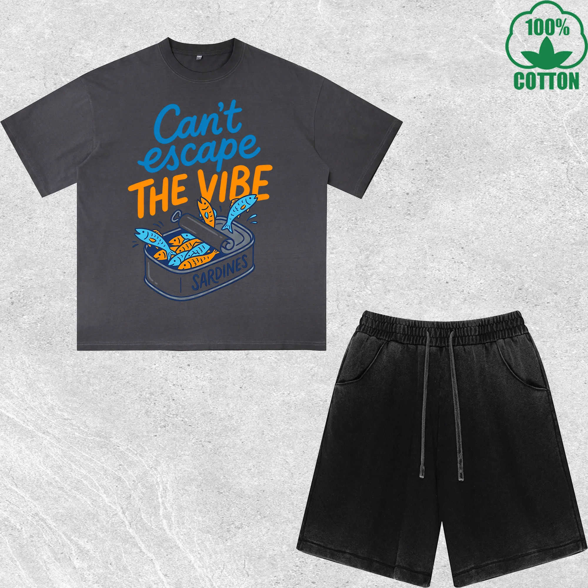 

Cant Escape The Vibe Printed Dirty Wash T-Shirt Shorts Set Combo Loose Trendy Fashionable 100%Cotton Short Value Pack