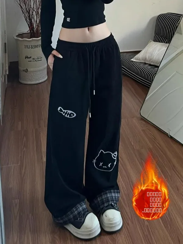 

plus Size Women's Embroidered Fce Lined Thiened Casual Pants Winter Plaid Cuffed Loose Slimming Straight Leg Trousers