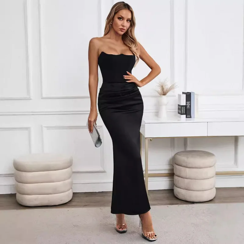 ヨーロッパとアメリカの新しいエレガントな知的なストラップレスオフショルダーサテンパッチワークウエストシェイプボディコンドレスガウン