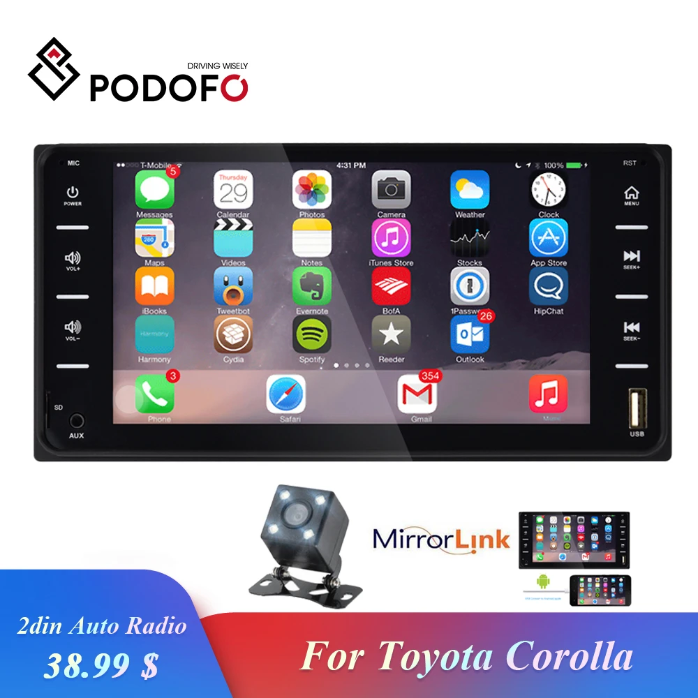 

Podofo 2din Car Radios 7'' Bluetooth Audio Radio Stereo Multimedia MP5 Player Mirror Link Android/IOS Camera for Toyota Corolla