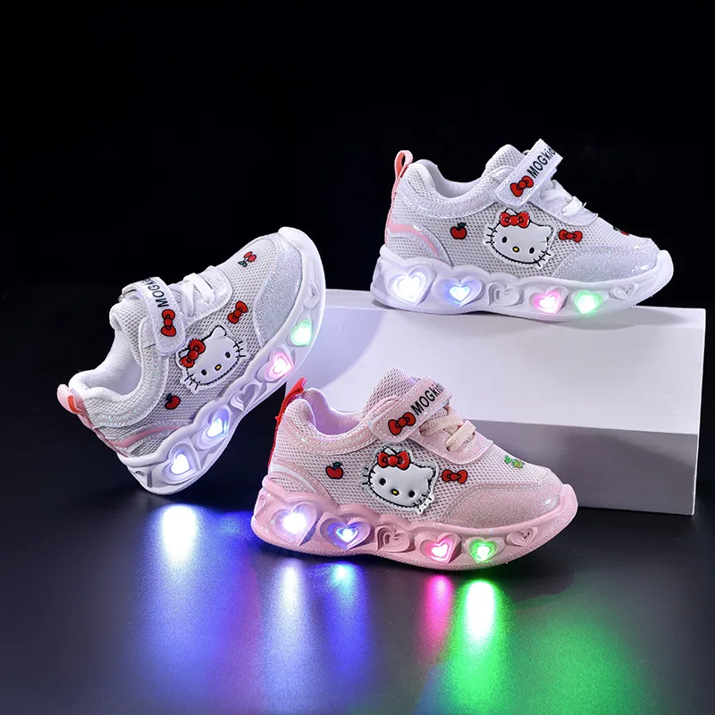 

Hello Kitty Led Casual Sneakers for Summer Girls Print Mesh Breathable Shoes Children Lighted Non-Slip Cute Outdoors Sport Shoes