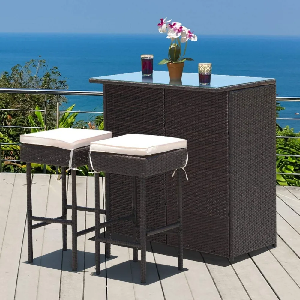 

3PCS Patio Bar Set Rattan Wicker Bar Stools & Table with Cushions and Glass Table Top, Customized