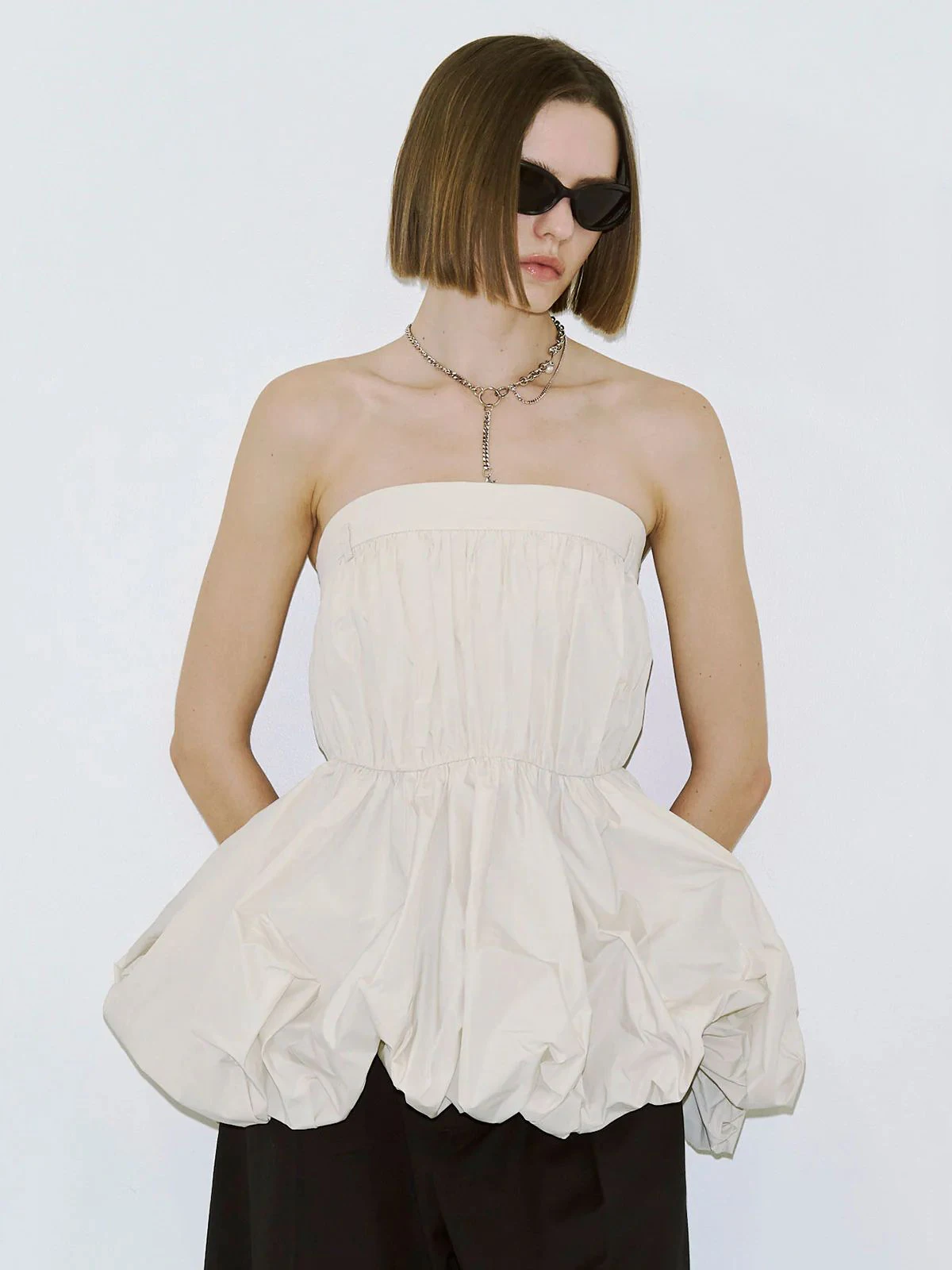 White Satin Women's Shirt Gathered Waist Design Sensation  Cake Skirt Style Top French Style Pure Cotton Sleeveless Short