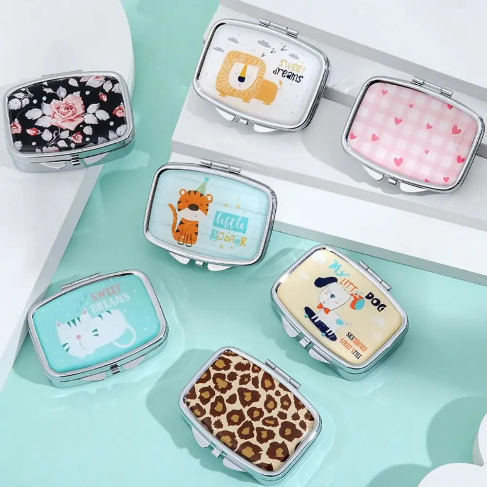 Square with HD Mirror Cartoon Animals Jewelry Box Cute Waterproof Mini Pill Case 2 Grid Kawaii Storage Box Travel