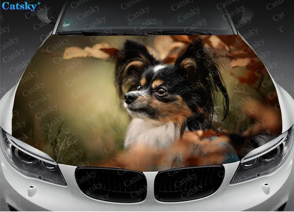 Animal Papillon Dog Print Car Hood Vinyl Stickers Wrap Vinyl Film Engine Cover Decals Sticker Car Auto Hood Protection Film