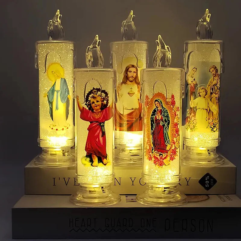 Jesus Virgin Christ Candle Lamp Romantic Flameless LED Prayer Candle Tea Light Religious Decorative Night Light Desktop Ornament