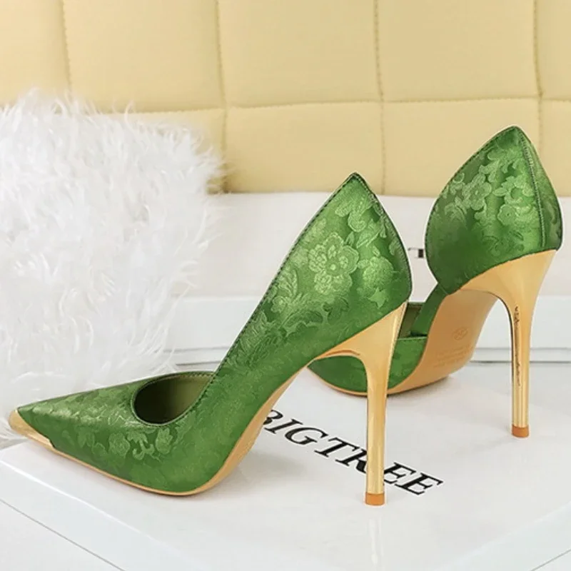 BIGTREE Shoes Women 11 Cm Heels Silks Satins Woman Pumps Metal Pointed Toe High Heels Fashion New Female Pumps Sexy Party Shoes