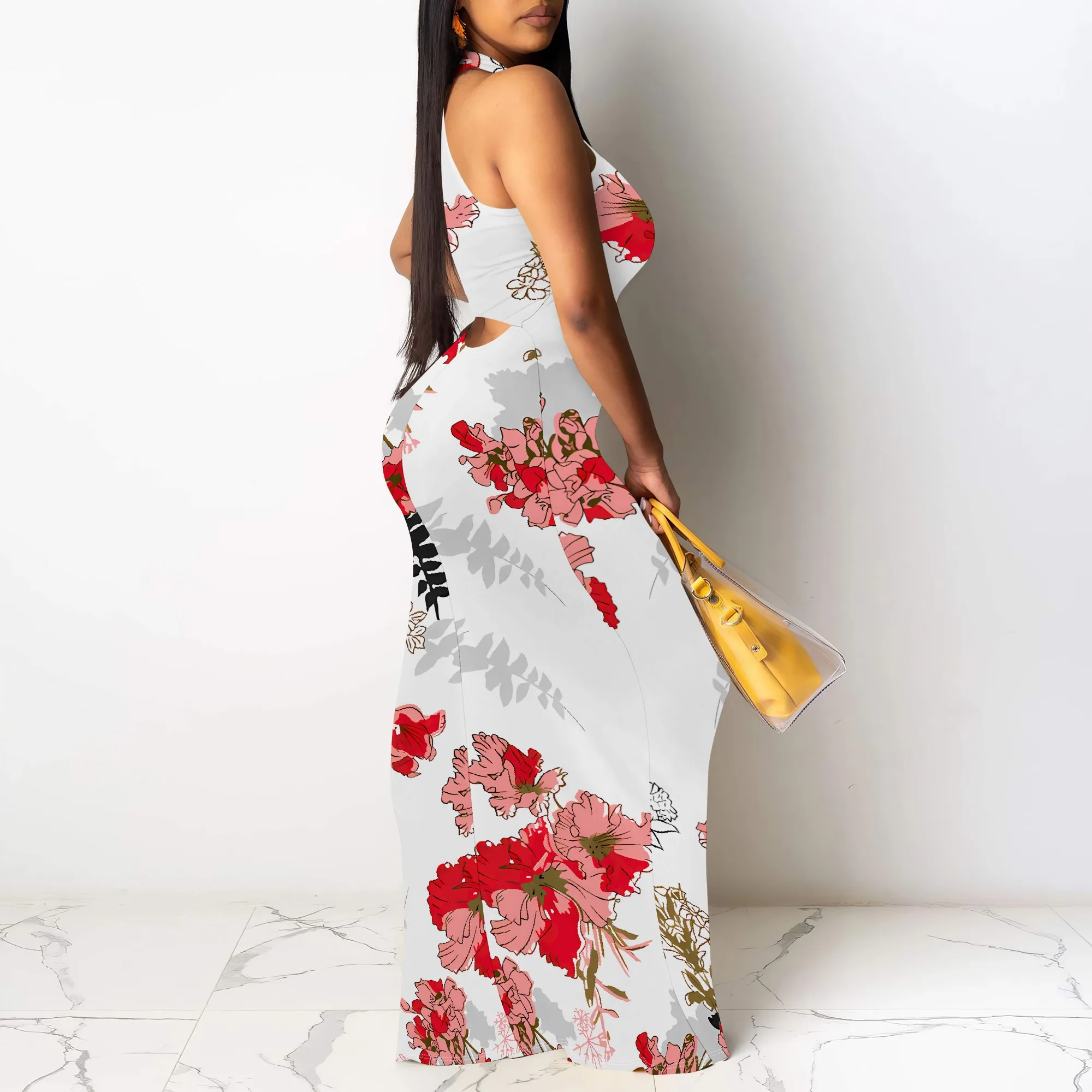 夏ノースリーブホルターネックマキシドレス女性赤花柄ボディコンロングドレスビーチパーティー衣装