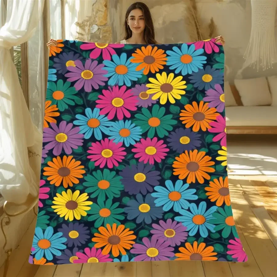 1pc Warm Soft Flannel Blanket Suitable for All Seasons - Vibrant Retro Daisy Print Bedspread, Colorful Maximalist Floral Throw f