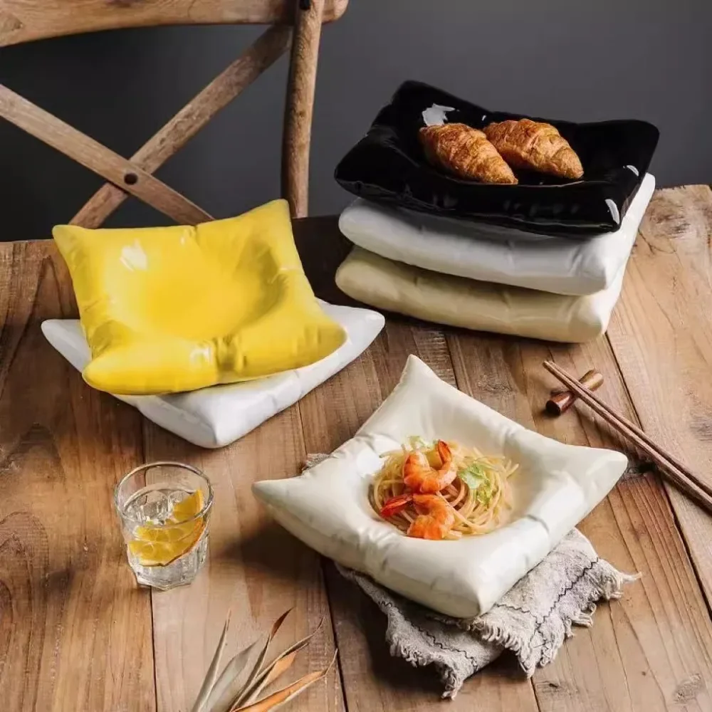 

Креативная подушка, керамическая тарелка, десертная тарелка для стейка, суши, квадратный прямоугольный керамический поднос для хранения, посуда, кухонные аксессуары V9