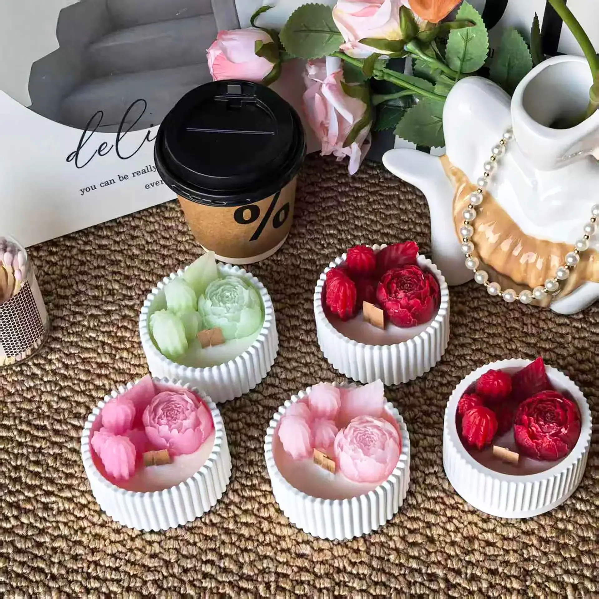 2pcs Floral Rose Cup Scented Candle, Ceramic Jar Aroma Wax Bedroom Decor Birthday Wedding Holiday Souvenir Gift