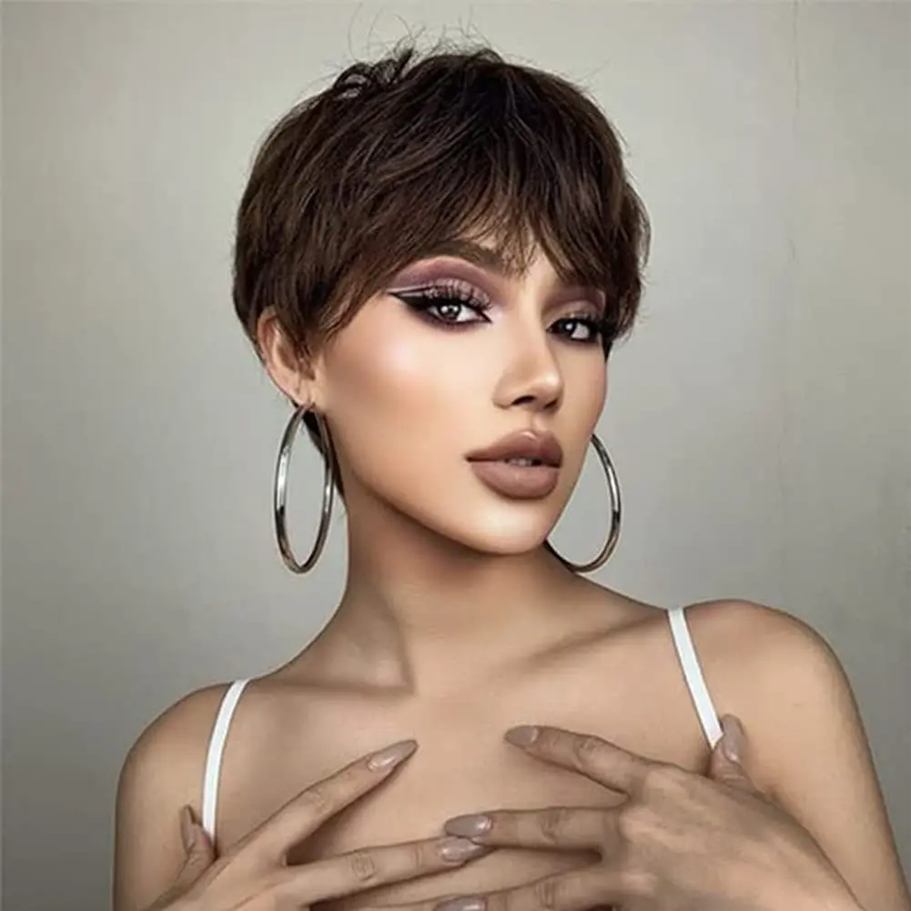 

Short Pixie Cut Straight Hair Wig with Bang 8inche Full Machine Layered Wavy Wig Natural Color Human Hair Wigs for Black Women