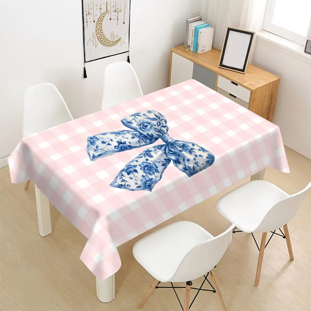 Blue Floral Bow Art Tablecloth, Pink White Gingham Cute Bow Graphic Art Print Table Cover for Dining, Kitchen & Home Decor