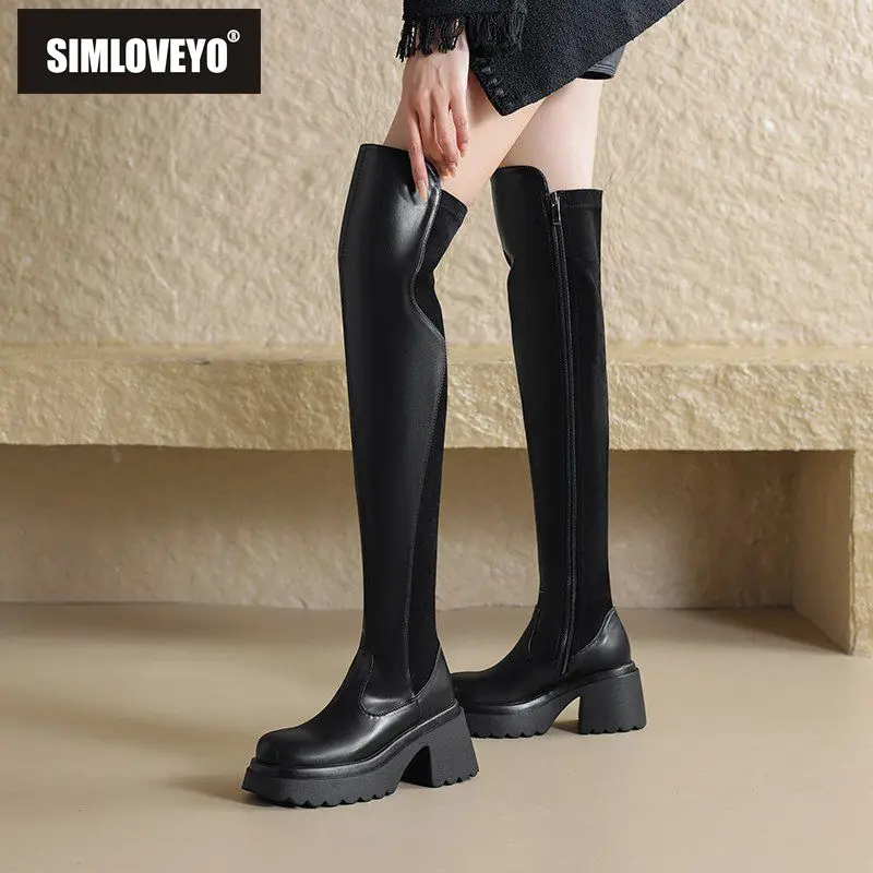 

SIMLOVEYO Women Thigh Boots Round Toe Block Heels 7cm Platform Zipper Splice Female Stretch Booties Plus Size 42 43 Party Shoes