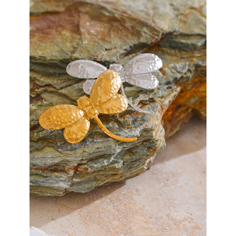 Yhpup Waterproof  Stainless Steel Metal Dragonfly Brooches Pin Trendy Costume Accessories Daily Wear Jewelry