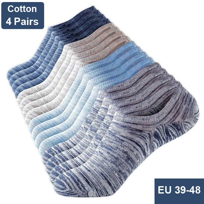 

4 Pairs High Quality Men's Cotton Socks Summer Fashion Stripes Invisible Silicone Anti-slip And Ankle Large Size Socks EU44-48