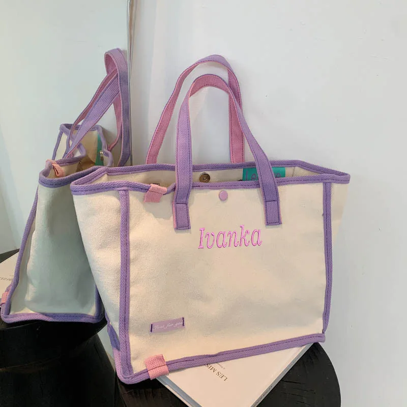 Bolso de mano de lona de contraste personalizado, bolsa de hombro de gran capacidad bordada personalizada, bolsa Bento portátil para exteriores, regalo