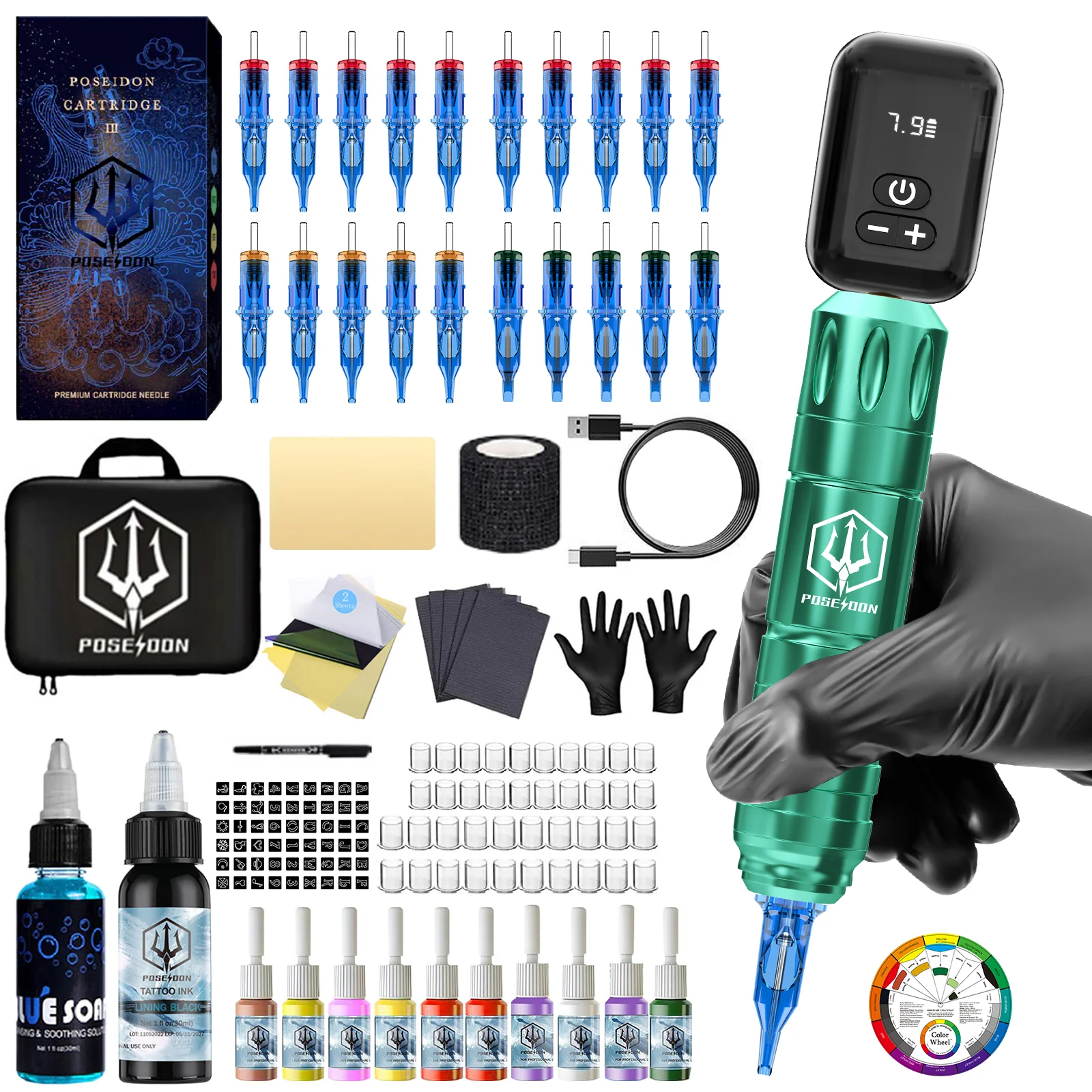 

Набор для татуировок POSEIDON, зеленый набор для татуировок, набор для перманентного макияжа, набор для тату-машинки, мощный блок питания для тату-машинки, набор для тату-машинки с электрическим приводом.