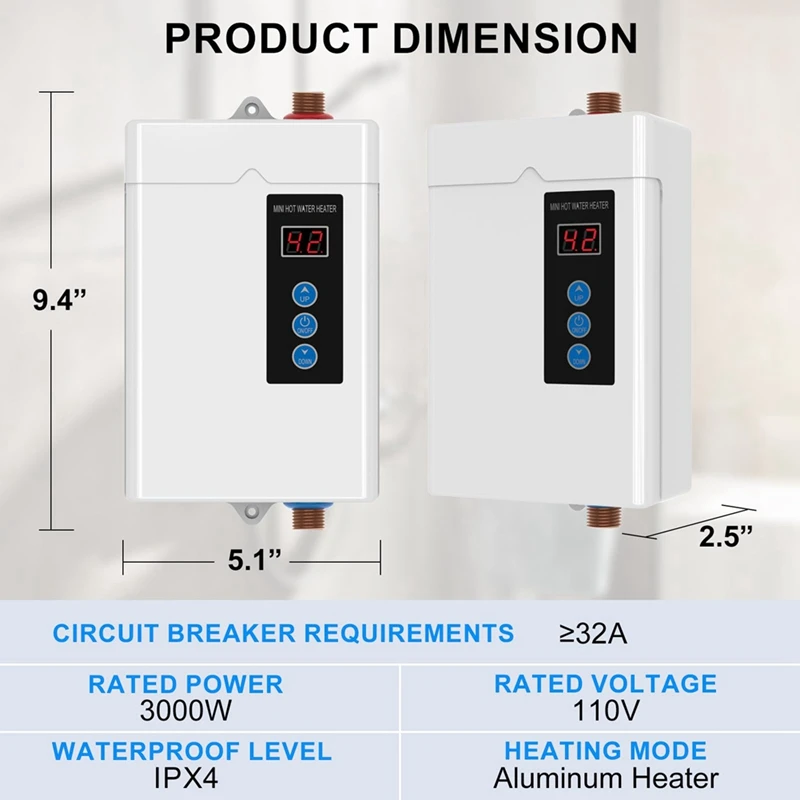 US Plug,3000W Tankless Water Heater Electric,Instant Hot Water Heater With Remote Control, LCD Touch Screen Water Heat