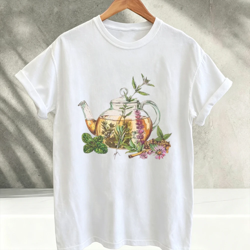 Botanical Teapot Herbs Shirt Flowers Glass Teapot Mint Lavender Daisy Crew Neck Short Sleeve Relaxed Fit T-Shirt Cottagecore Tee