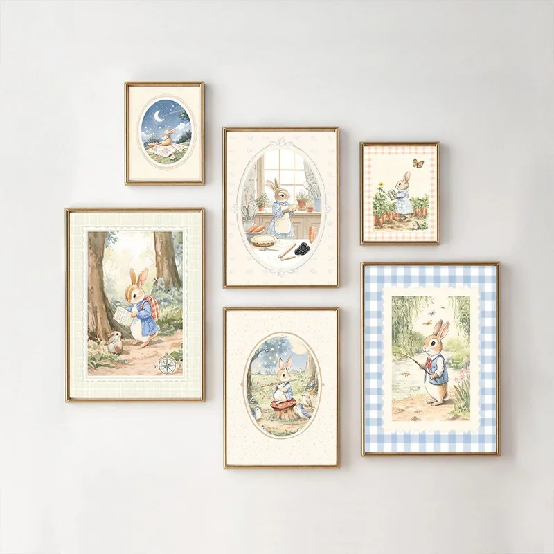 Vintage Boho Blue Plaid Rabbit inspiriertes Kunstposter Babyzimmer Schlafzimmer Kinderzimmer Feld Tier dekorative Leinwand Malerei