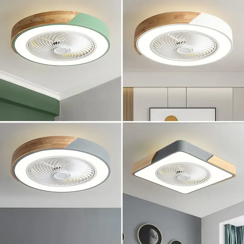 2025 Modern Hot Sale Living Room Bedroom Ceiling Fan Lamp Bladeless Remote Control Low Floor Round Square Simple Wood Led Fan Li