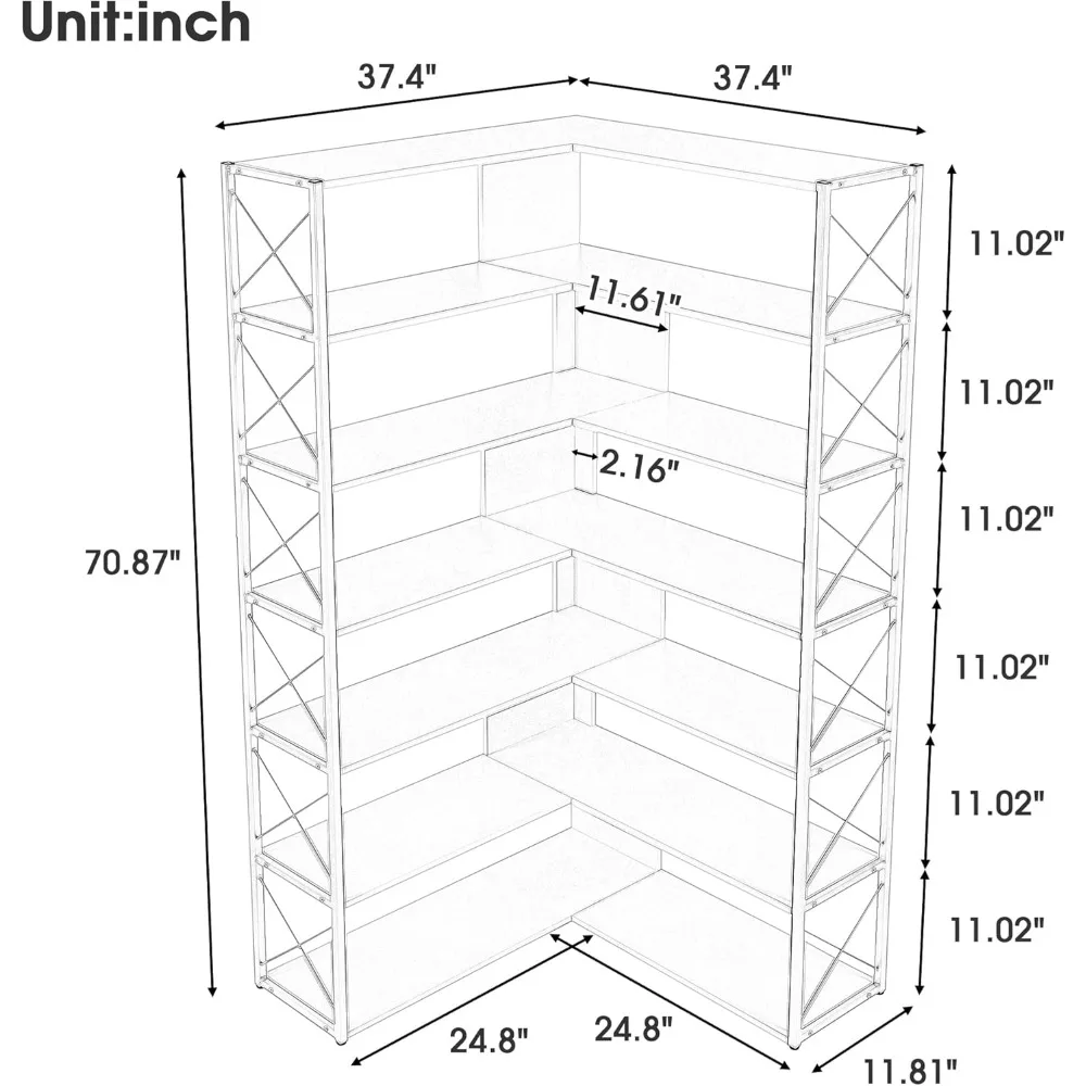 7 Shelf Corner Bookshelf w/Metal Fram，Vintage Shelf Etagere Bookcase with Open Storage，L Shape Book Shelf Corner Bookcase