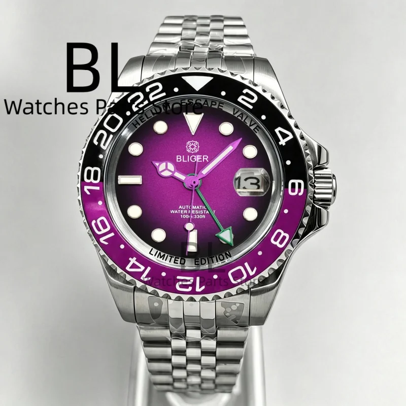 BLIGER 43mm Big Black Purple Green GMT Watch For Men Purple Black Bezel Jubilee Bracelet Glide Clasp Sapphire Glass Waterproof