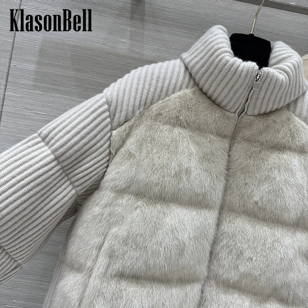 9.9 KlasonBell Women\'s Luxury Mink Spliced Cashmere Knit Down Jacket Stand Collar Goose Down Thick Keep Warm Loose Outerwear