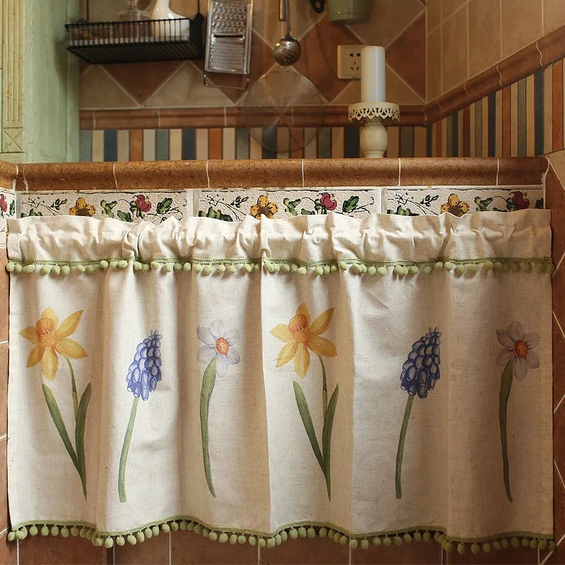 Nordic Cotton and Linen Fabric Curtains with Narcissus Flower Pattern Short Curtains for Home Decoration
