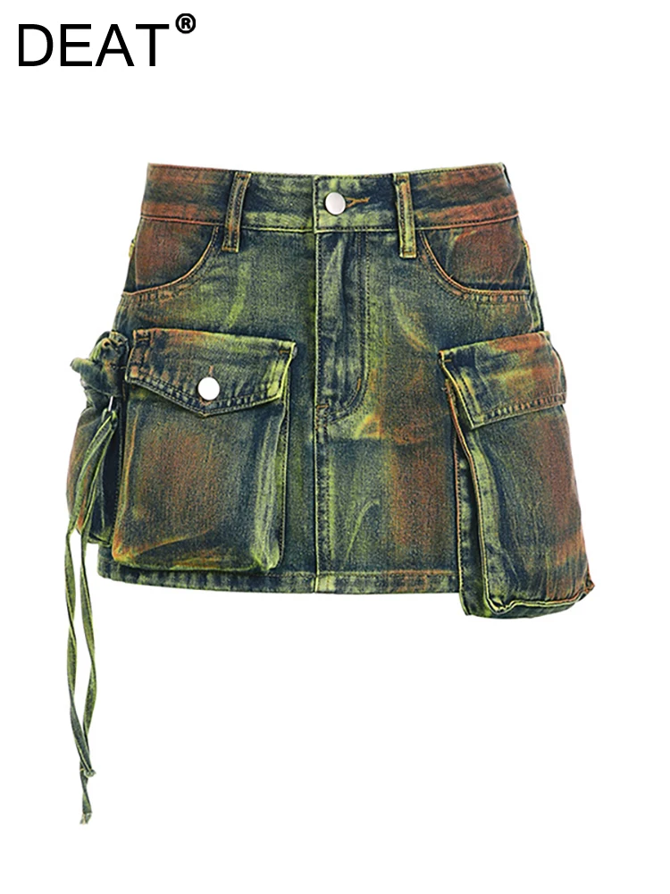 

DEAT Women's Denim Skirts Tie-dye Green Irregular Spliced Multiple Pockets Cargo Mini Skirt 2024 Summer New Fashion 29L3411