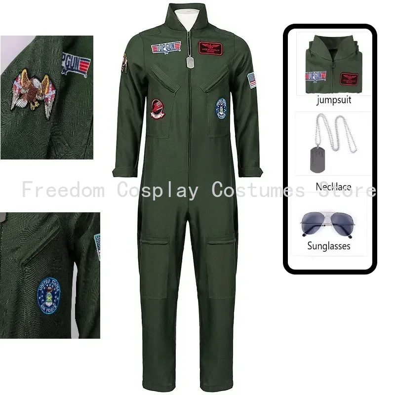 Top Gun Movie Cosplay American Airforce Uniform Halloween Costumes for Men Adults Children Army Green Pilot Jumpsuit Astronaut