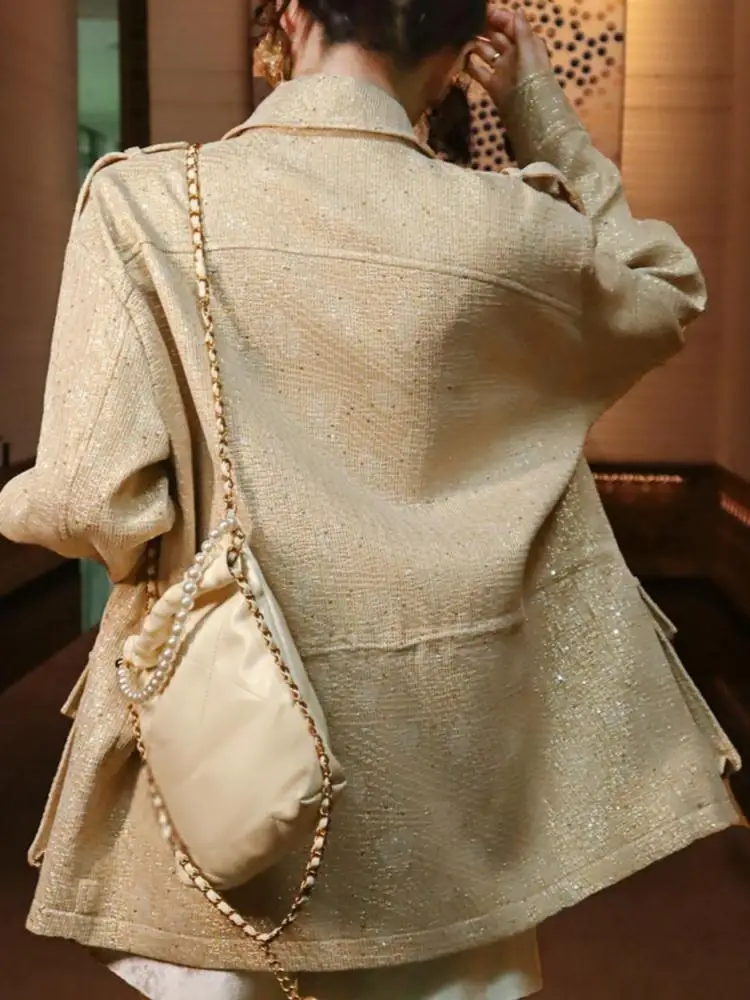 Luxurious Female Single Breasted Jacket Solid Color Ladies Sequins Loose Coat Versatile Turn Down Collar Long Sleeves Outwear