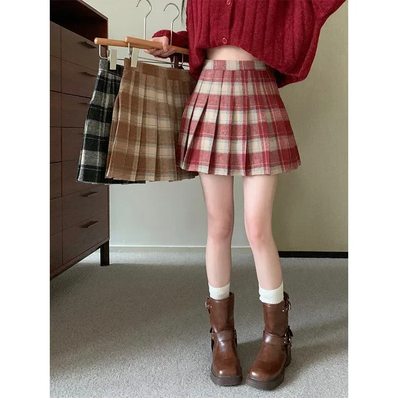 

Korean Style Plaid Pleated Skirt Female Spring and Autumn High Waist Thin A-line Short Student Woolen 2023 NewSummer Skirts