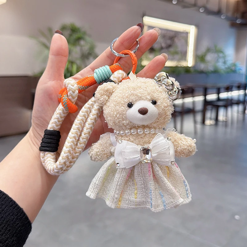 Cute Bow Puffy Princess Dress Fashion Plush Bear Car Keychain Creative Adorable Bag Accessory Key Ring