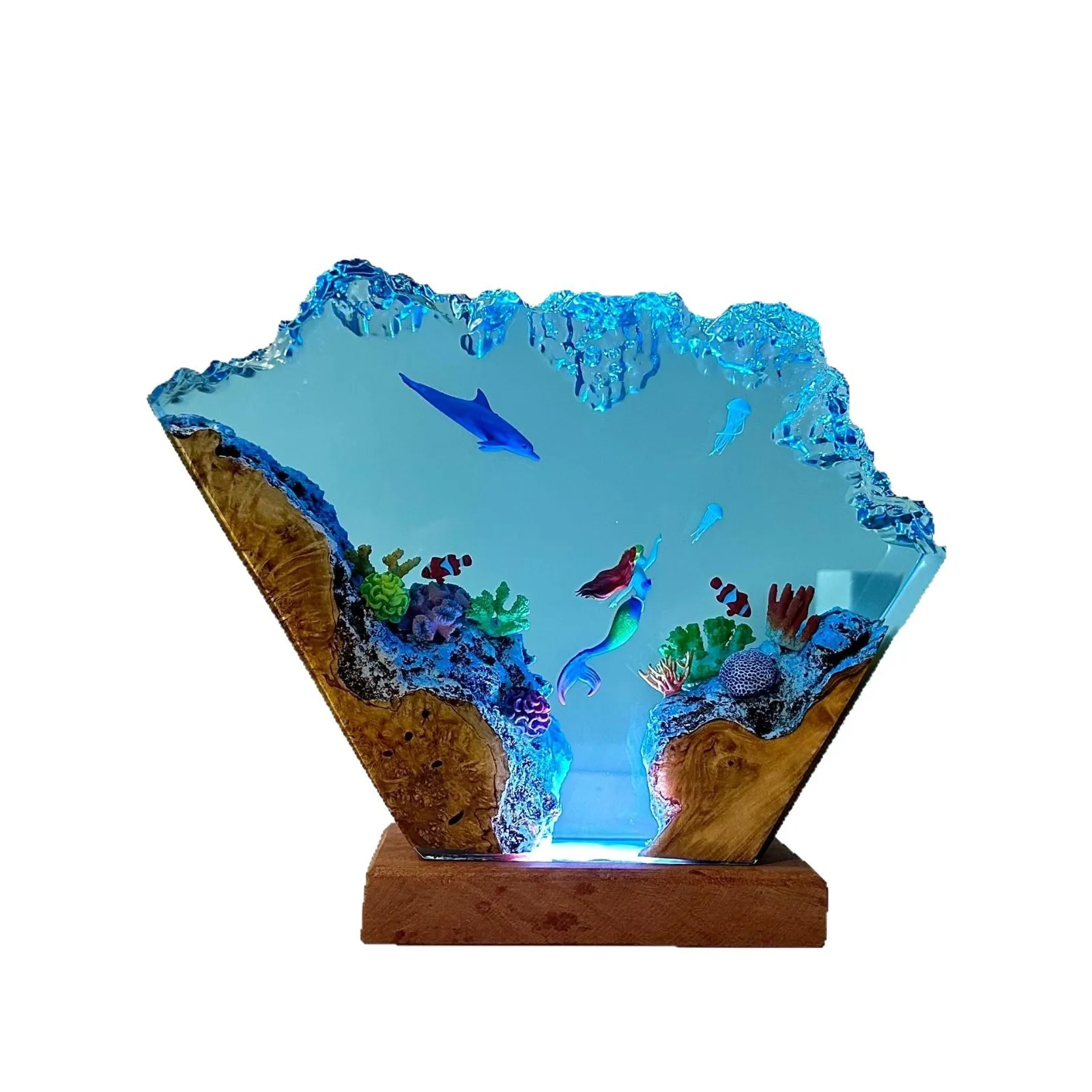 Mermaid Dolphin Resin Art Lamp Personalized Wooden Night Light Creative Living Room Home Decor Design Ornament