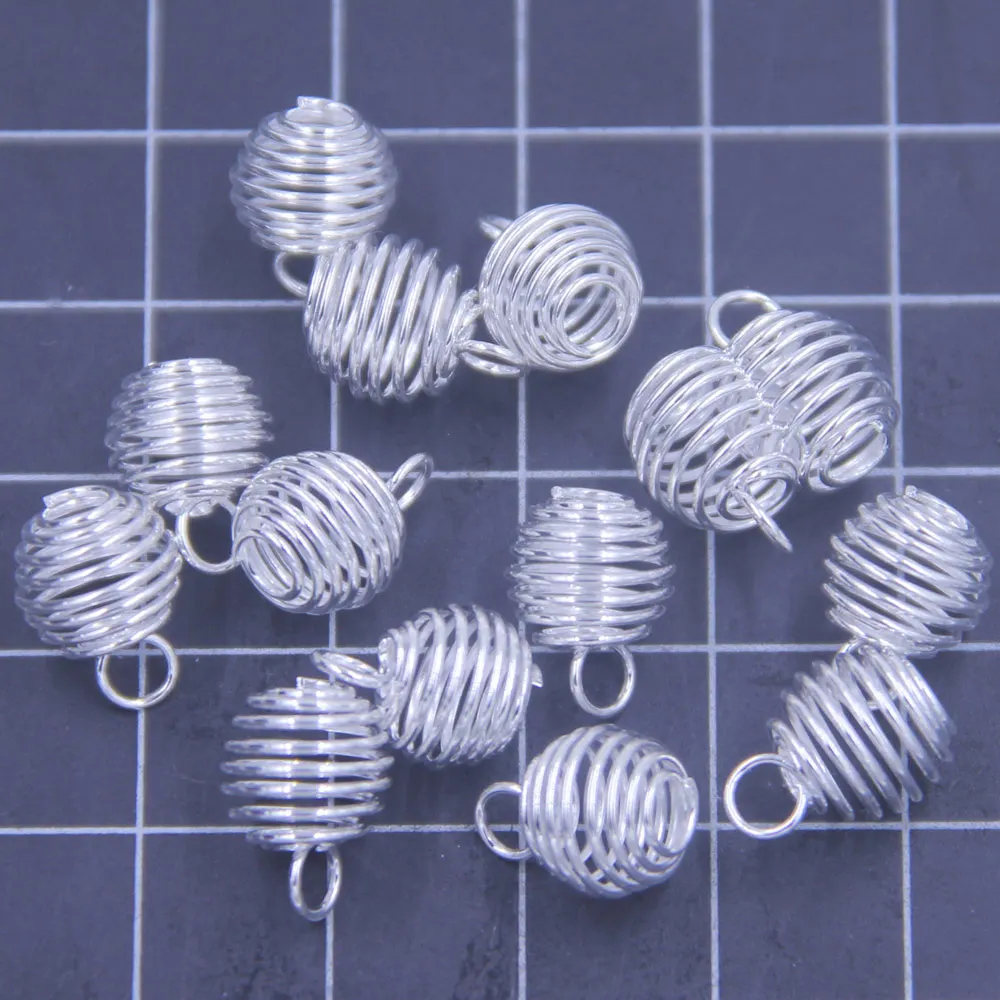 500Pcs Pendants Silver Plated Round Alloy Wire Spiral Beads Cages 8mm